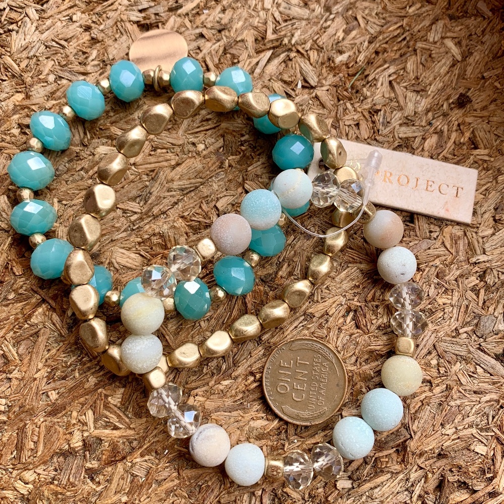 Aqua & Gold Crystal Stretch Bracelet Set - New